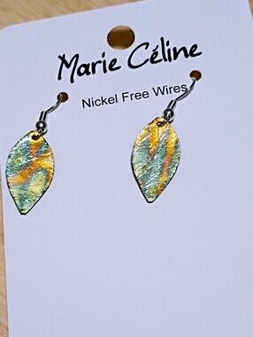 Green and Gold Leaf Drop Earrings